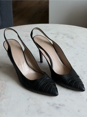 BOSS Hugo Boss Black Leather Criss Cross Pointed Toe Slingback Heels 39